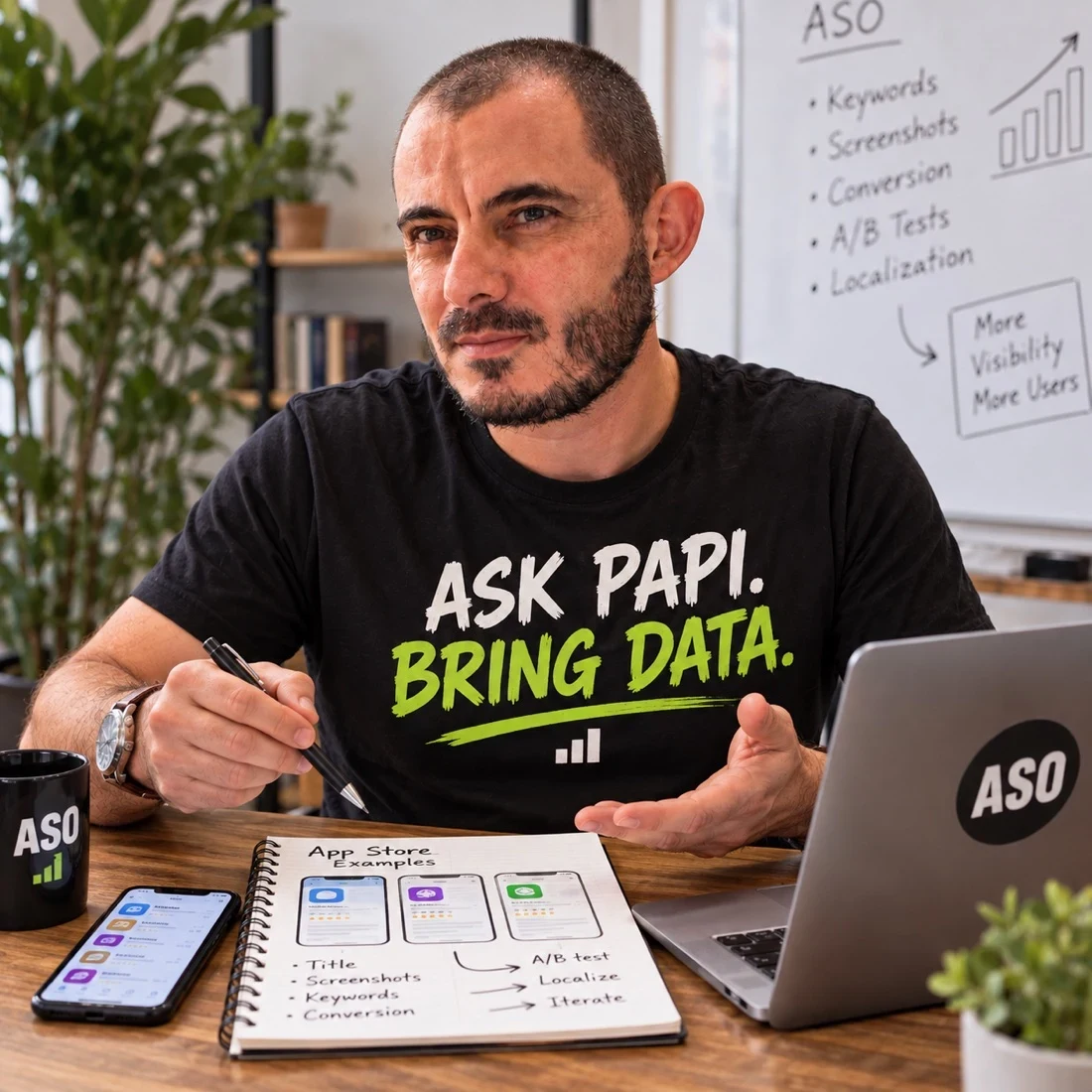 Gabriel ready to discuss an app project at his work desk